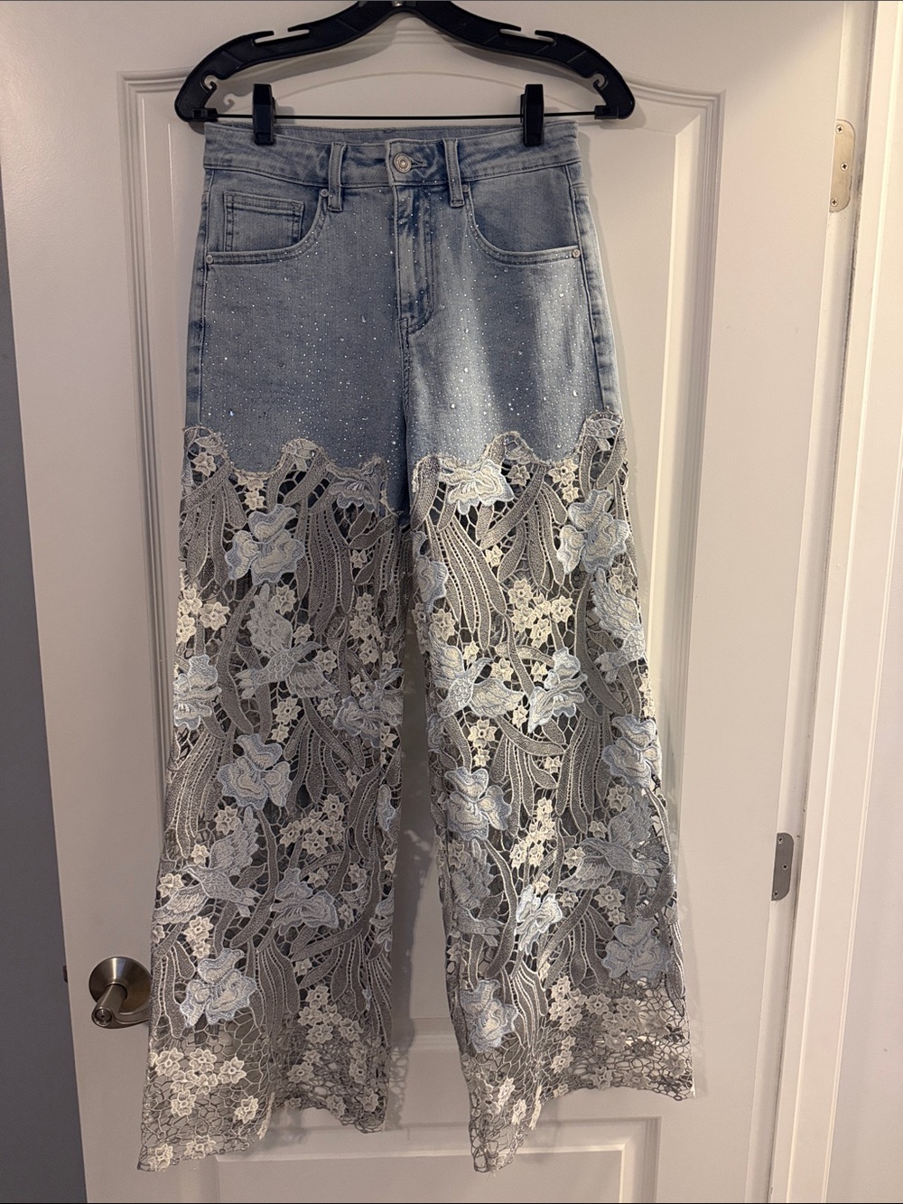 BAYEAS crystal embellished lace wide leg jean Size 27 NWT